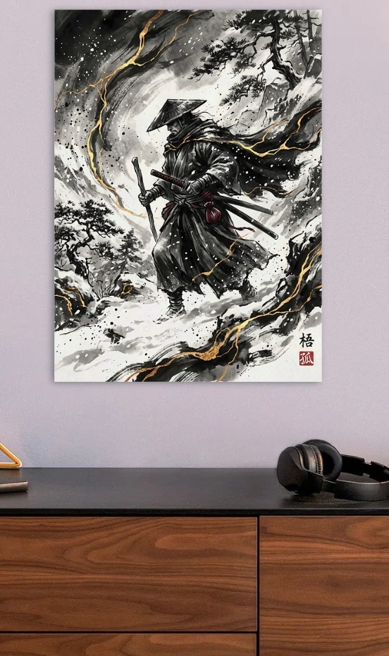 Samurai in a Snowy Landscape — metal poster wall art by Lineer